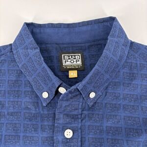 Sub Pop Records All Over Print Short Sleeve Button Up Shirt Mens XL Blue Casual